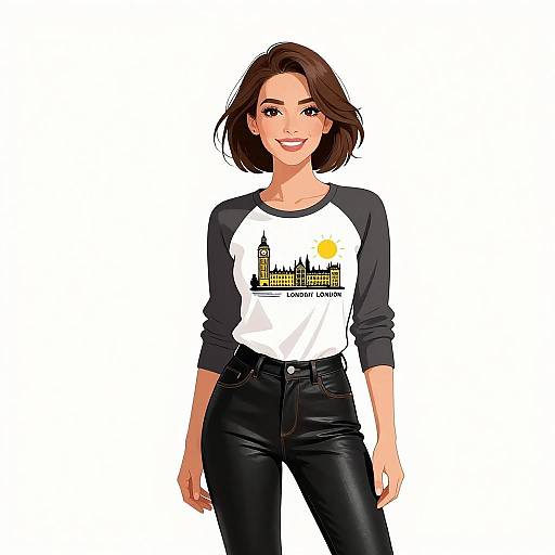 Smiling Woman in London-Themed Outfit