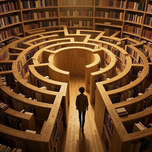 Silhouetted figure walks through golden-lit circular library maze, surrounded by towering bookshelves, in dramatic, warm-toned photograph.