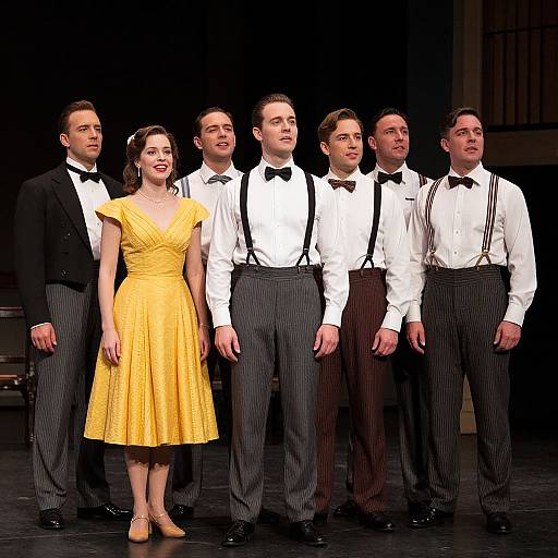 Photograph of six performers on stage; one woman in a yellow dress, five men in white shirts and black suspenders, standing in a row against