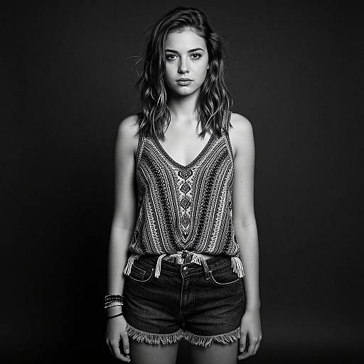 Black-and-white photograph of a young woman with wet, wavy hair, wearing a patterned tank top and frayed denim shorts, standing against a