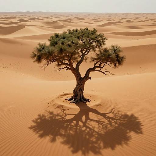 Photograph of a solitary acacia tree with sparse green foliage, casting a shadow on golden-orange sand dunes under a bright, clear sky.