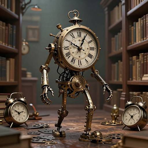 Steampunk clock robot with mechanical arms and legs stands in a dim, book-filled library, surrounded by classic alarm clocks.