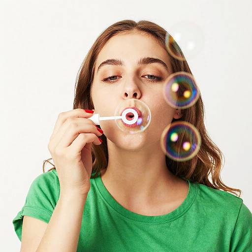 Colorful Close-Up of Woman Blowing Bubbles