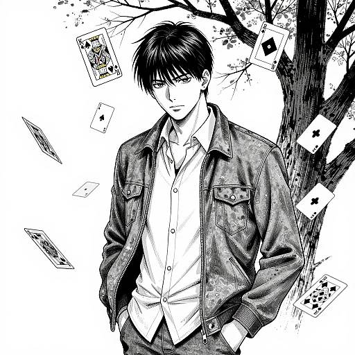 Black-and-white manga-style drawing of a handsome young man with short dark hair, wearing a denim jacket over a button-up shirt, standing under a tree