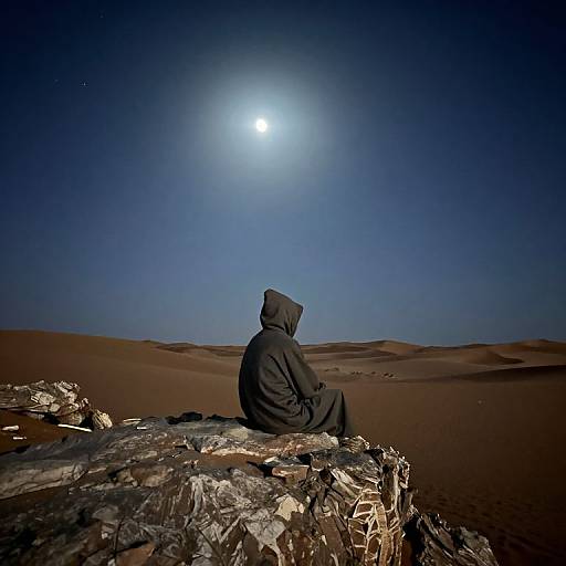 Photograph of a person in a black hooded cloak sitting on rocky terrain, gazing at a bright full moon in a clear, dark blue desert