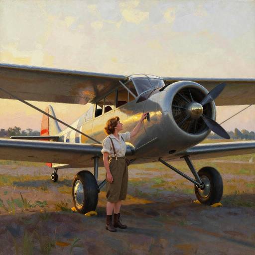 Vintage-style painting of a woman in 1930s attire, touching the propeller of a silver biplane at sunset, with a grassy field