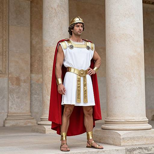 Photorealistic image of a muscular, bearded man in ancient Roman attire, including white tunic, gold armor, red cape, and sandals,