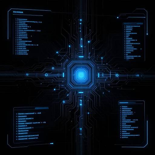 Digital illustration of a neon blue circuit board with glowing hexagon center, surrounded by interconnected lines and code boxes.