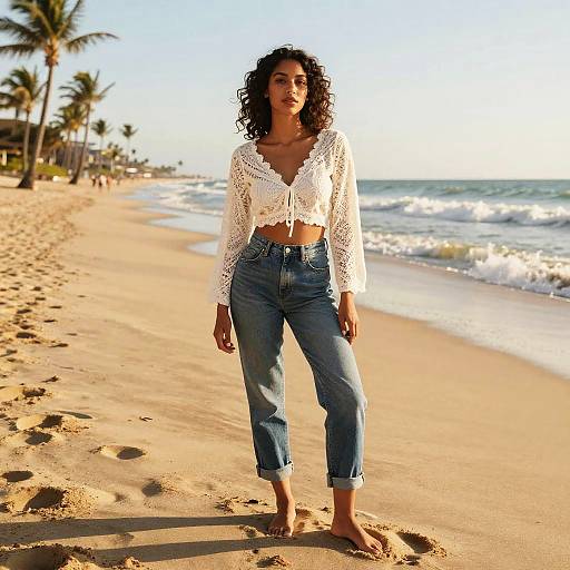 Photograph of a curly-haired woman in a white lace crop top and blue high-waisted jeans standing barefoot on a sunny beach with palm trees
