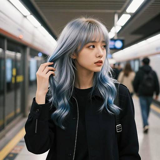 Young Woman with Silver-Blue Hair in Subway Station