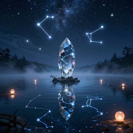 Photograph of a glowing, gemstone-like crystal on a misty lake, reflecting star constellations and surrounded by lit candles under a starry