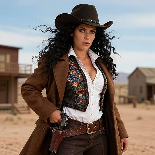 Photograph of a fierce, curly-haired woman in a black cowboy hat, brown coat, white shirt, and embroidered vest, holding a gun, standing