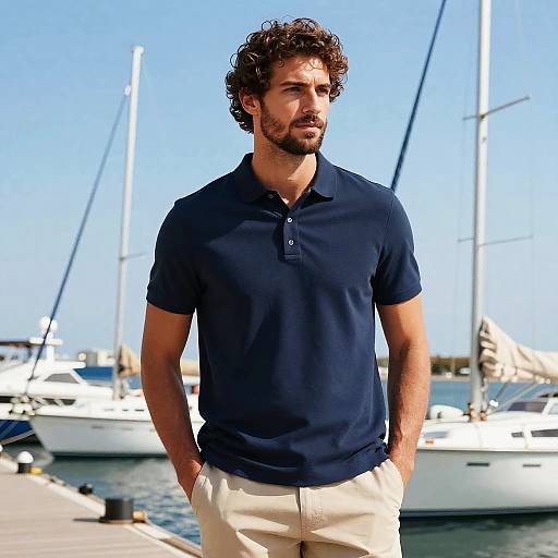Photograph of a handsome, curly-haired man with a beard, wearing a navy polo shirt and beige pants, standing by a marina with sailboats