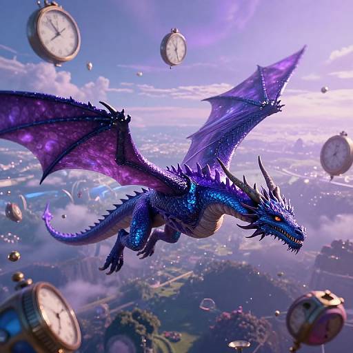 Digital art of a vibrant blue-purple dragon with glowing scales soaring through the sky, surrounded by floating vintage clocks, with a panoramic landscape below.