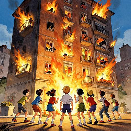 Digital illustration of six children running from a burning multi-story apartment building at dusk, vivid flames illuminating the night sky.