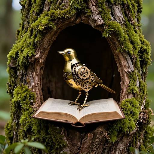 Photograph of a small, spotted goldcrest bird perched on an open book, nestled in a mossy tree hollow.