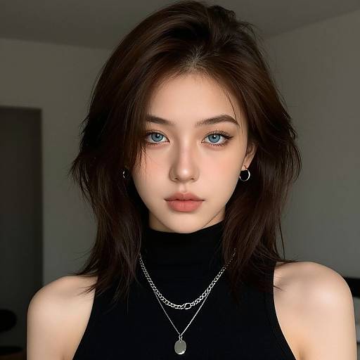 Photograph of a young woman with fair skin, bright blue eyes, and dark brown, slightly messy hair. She wears a black sleeveless top,