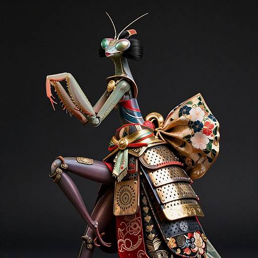 Digital artwork of a stylized, armored mantis warrior in vibrant, ornate Japanese samurai attire with intricate patterns and colorful fabrics against a dark background