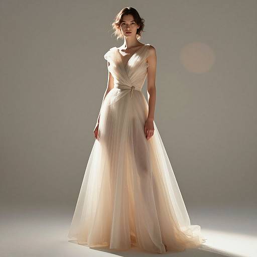 Photograph of a slender woman in a flowing, ivory, sleeveless wedding gown with a twisted waist, standing against a plain, softly lit background.