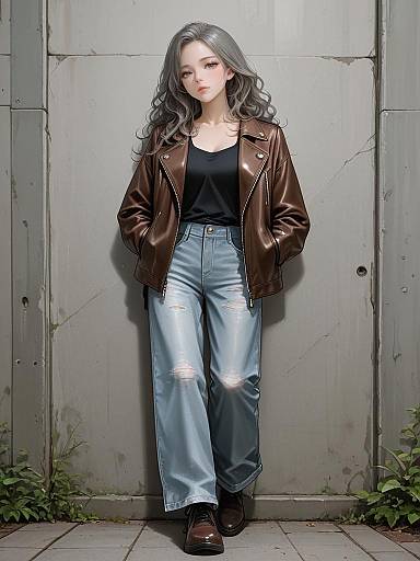 Woman in Brown Leather Jacket and Grey Jeans