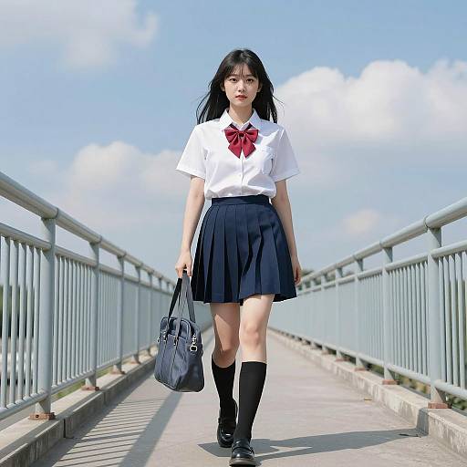 Asian Woman on Sunlit Bridge