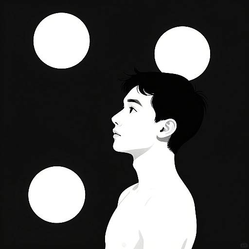 Digital black-and-white silhouette of a young man with short dark hair, profile view, against a black background with three white circles.