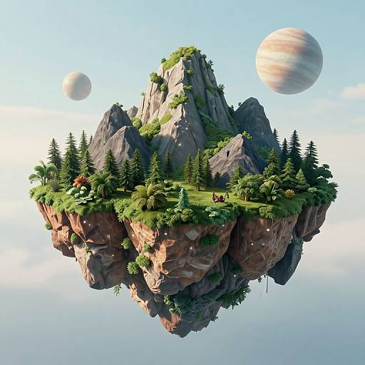 CGI image of a floating mountain island with lush greenery, pine trees, and small creatures, against a blue sky with two gas giant planets.
