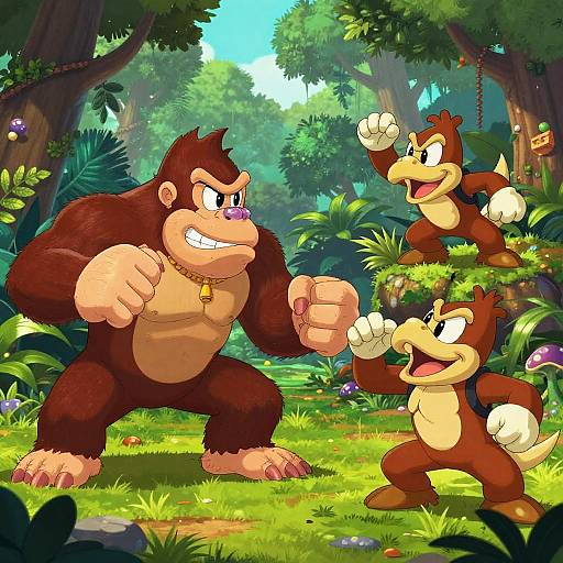 Digital cartoon of Donkey Kong and two Banjo Koopas in a vibrant jungle, with Donkey Kong flexing and Banjo Koopas