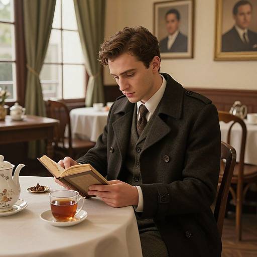 Photograph of a young man with curly brown hair, wearing a black Victorian-era suit, reading a book at a tea table. Background includes green curtains