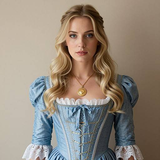 Photograph of a blonde woman with wavy hair, wearing a blue, puffed-sleeve, lace-trimmed Renaissance-style dress, and