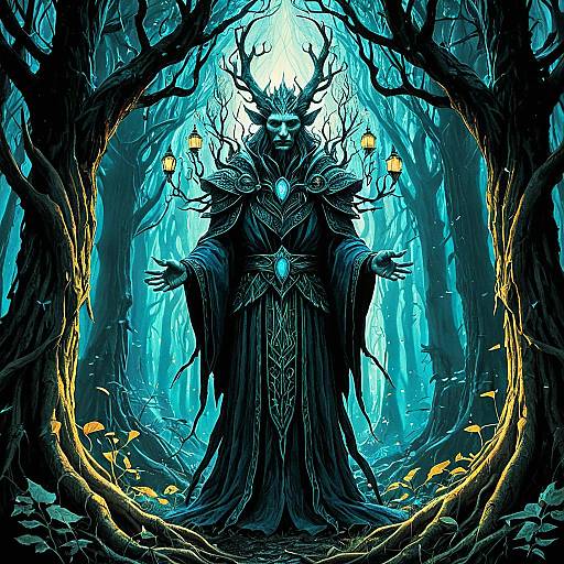 Enigmatic Fae Lord in Bioluminescent Woods