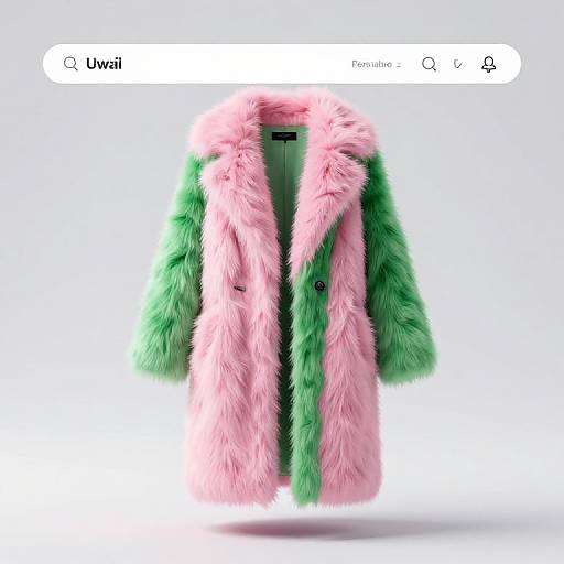 Digital image of a vibrant, pink and green fur coat displayed on a Google search result page, with search bar above.