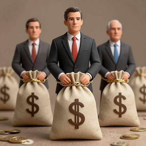 Photorealistic CGI of three men in suits holding dollar-filled sacks with dollar signs, standing on a wooden floor.