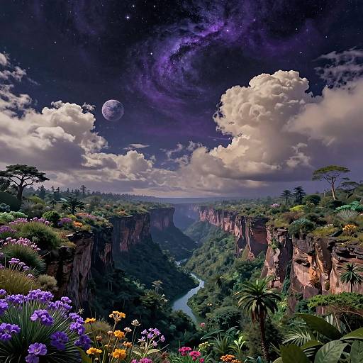 Digital fantasy landscape: vibrant flowers in foreground, towering cliffs, lush greenery, deep valley, winding river, starry night sky with galaxy, and