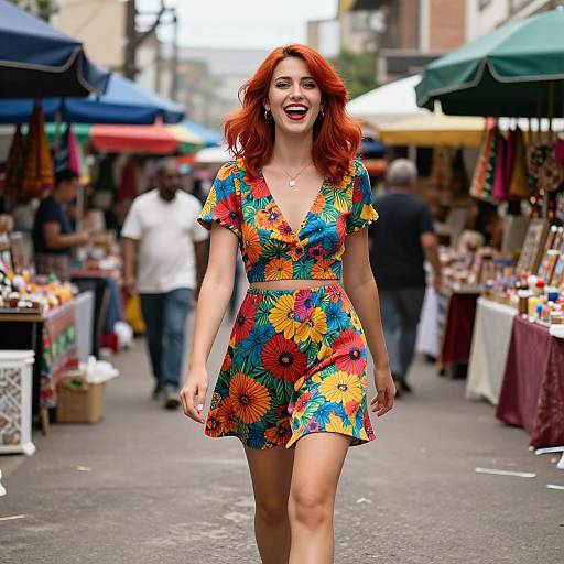 Photograph of a smiling redhead woman with wavy hair, wearing a colorful floral dress, walking through a bustling outdoor market.