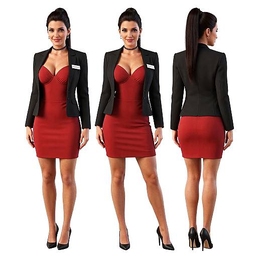 Photograph of a slim, dark-haired woman in a red strapless dress and black blazer, showing front and back views, wearing black heels and