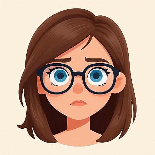 Digital illustration of a concerned young woman with large blue eyes, brown shoulder-length hair, and black glasses, against a white background.