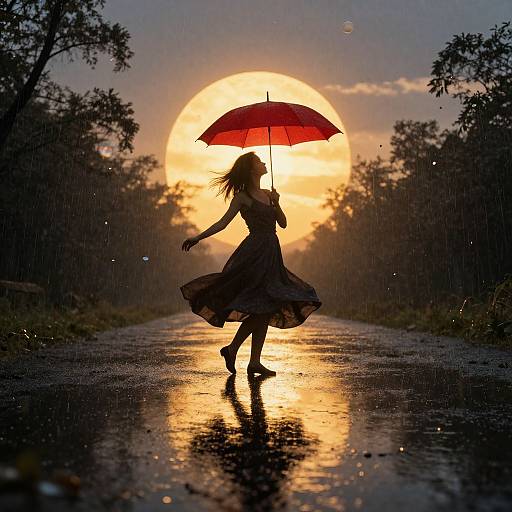 Photograph of a silhouetted woman with long hair, holding a red umbrella, dancing in the rain at sunset on a wet, reflective road