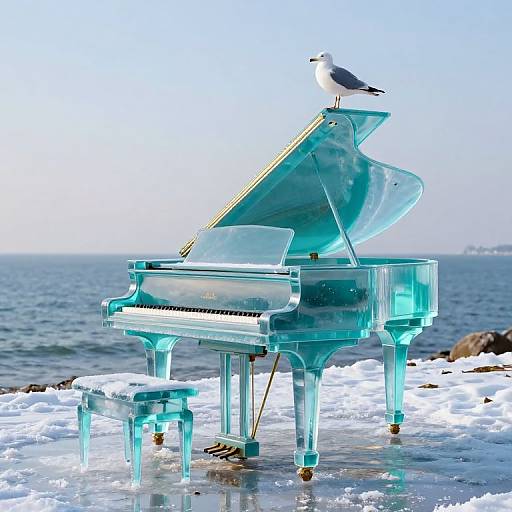 Photograph of a transparent blue glass grand piano with a seagull perched on top, set against a snowy beach and ocean backdrop.