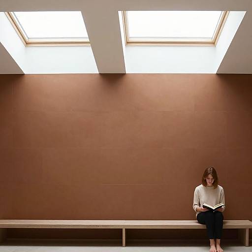 Photograph of a woman with short brown hair, wearing a white sweater and black pants, reading a book while sitting alone on a wooden bench against a