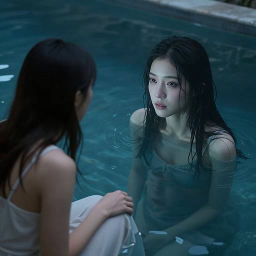 Photograph of two Asian women with wet, dark hair in a blue-tinted swimming pool; one sits, the other stands, both wearing white