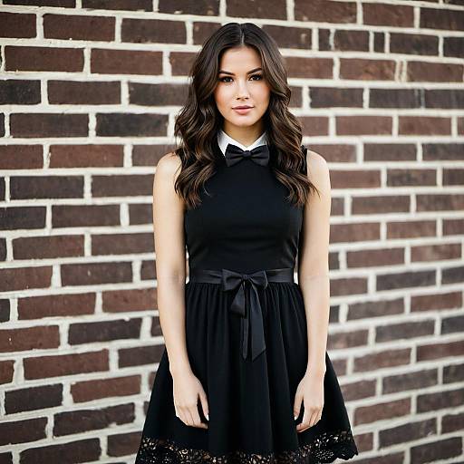 Young Woman in Black Bow Dress by Brick Wall