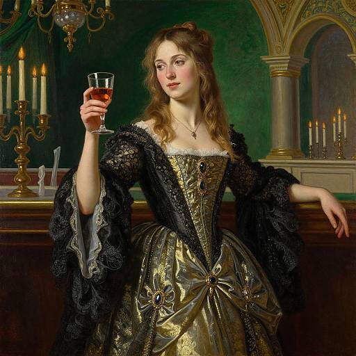 Renaissance-style painting of a fair-skinned woman with brown hair, wearing a gold and black lace gown, holding a wine glass, standing in