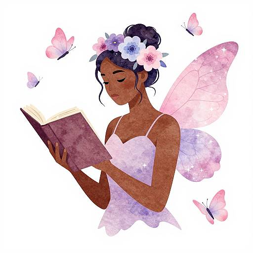 Digital illustration of a dark-skinned fairy with purple hair, flower crown, pink wings, and white dress, reading a book amidst pink butterflies.