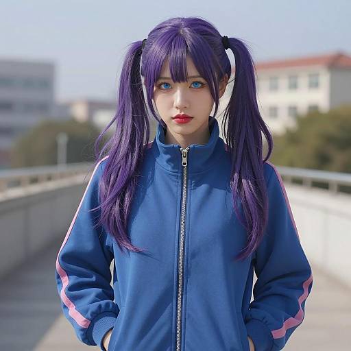Young Woman with Purple Pigtails in Blue Jacket