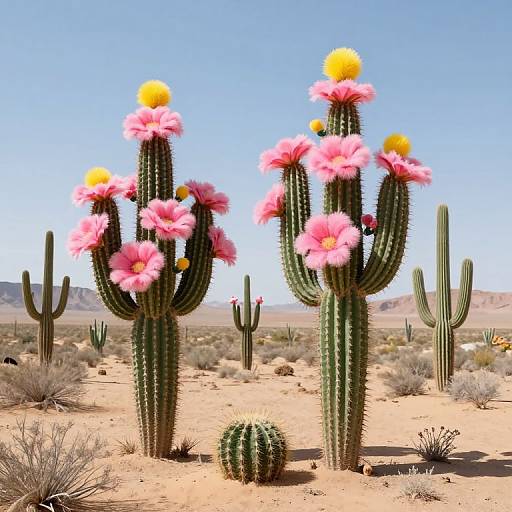 Surreal Desert with Vibrant Blossoming Cacti