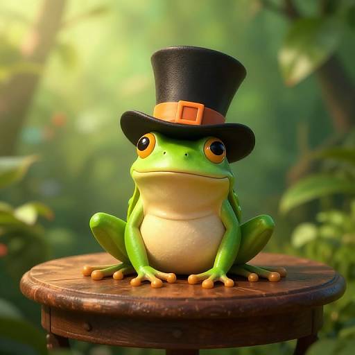 CGI image of a green frog with yellow underbelly, wearing a black top hat with an orange band, sitting on a wooden stool in a