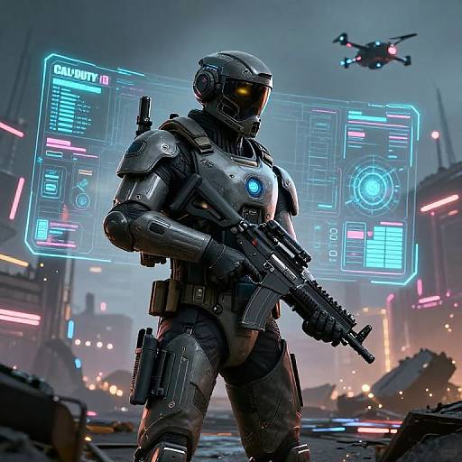 Futuristic AI Soldier on Cyberpunk Battlefield