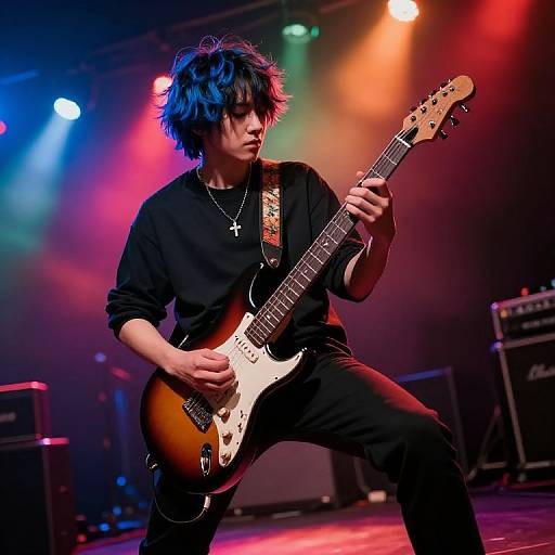 Photograph of a young, black-haired musician with blue-tinted hair playing a sunburst electric guitar on a colorful stage. Wearing a black