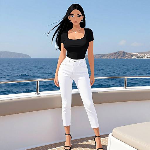 CGI image of a tall, slim woman with long black hair, wearing a black top, white pants, and black heels, standing on a ship